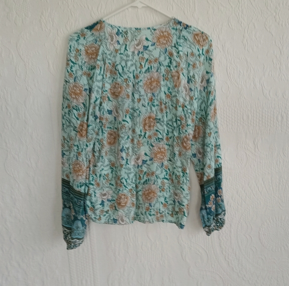 To My Lovers Teal Boho Western Blouse Turquoise Paisley Flowy Hippie Lace Up SM - Picture 7 of 8